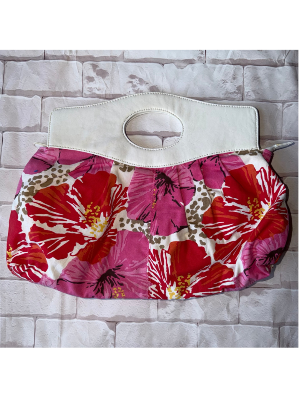 Vintage Cotton Floral Pattern White Leather Handle Purse Handbag Unique Pink/Red